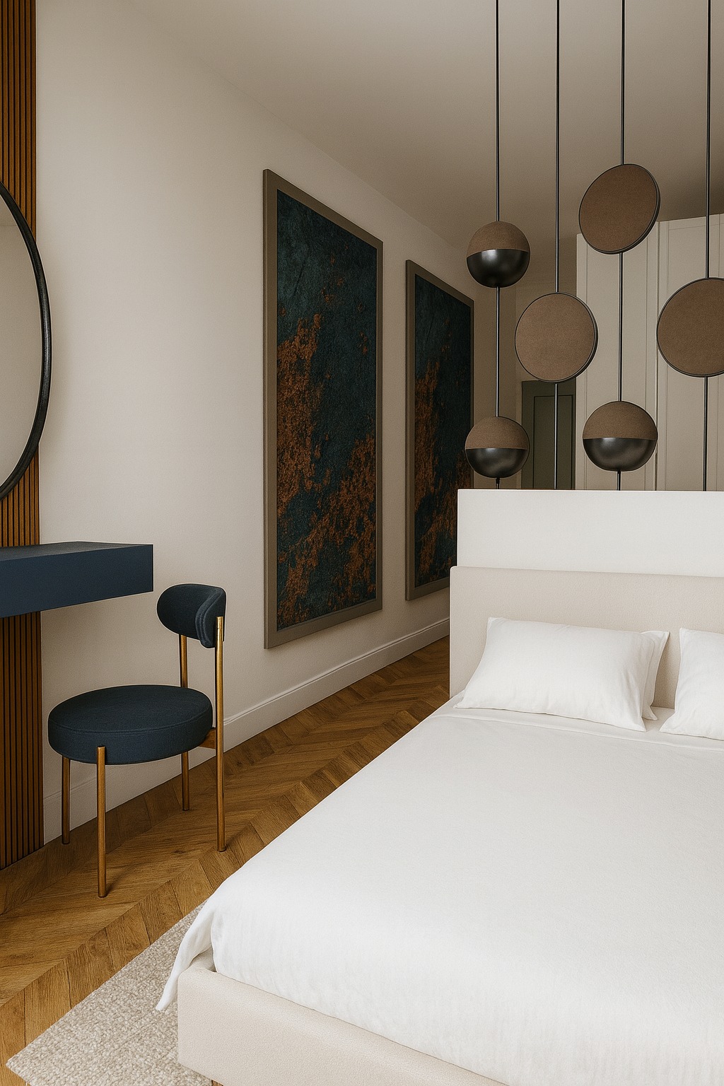 Nowoczesna sypialnia z łóżkiem, toaletką z okrągłym lustrem i designerskimi lampami wiszącymi. Na ścianie obrazy w ciemnych ramach. Parkiet ułożony w jodełkę.