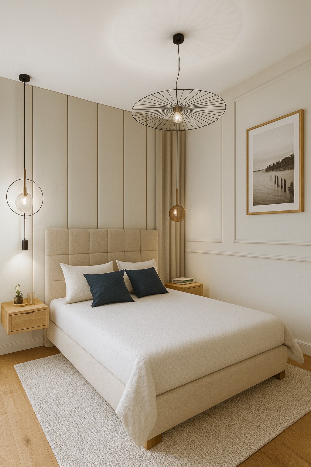 Elegancka sypialnia w beżach: łóżko z tapicerowanym zagłówkiem, minimalistyczne lampy wiszące, drewniane szafki nocne i obraz z motywem pejzażu morskiego.