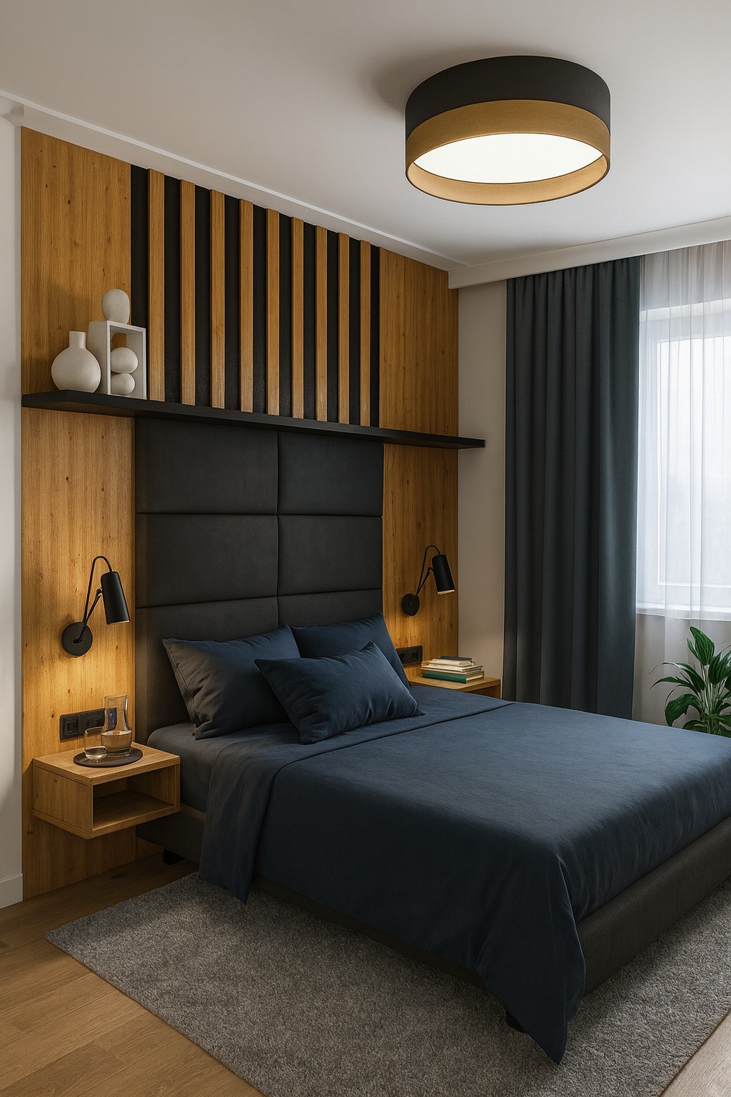 Nowoczesna sypialnia z drewnianą ścianą, czarnym zagłówkiem i lampkami nocnymi. Ciemnoniebieska pościel i szare zasłony dopełniają aranżację.