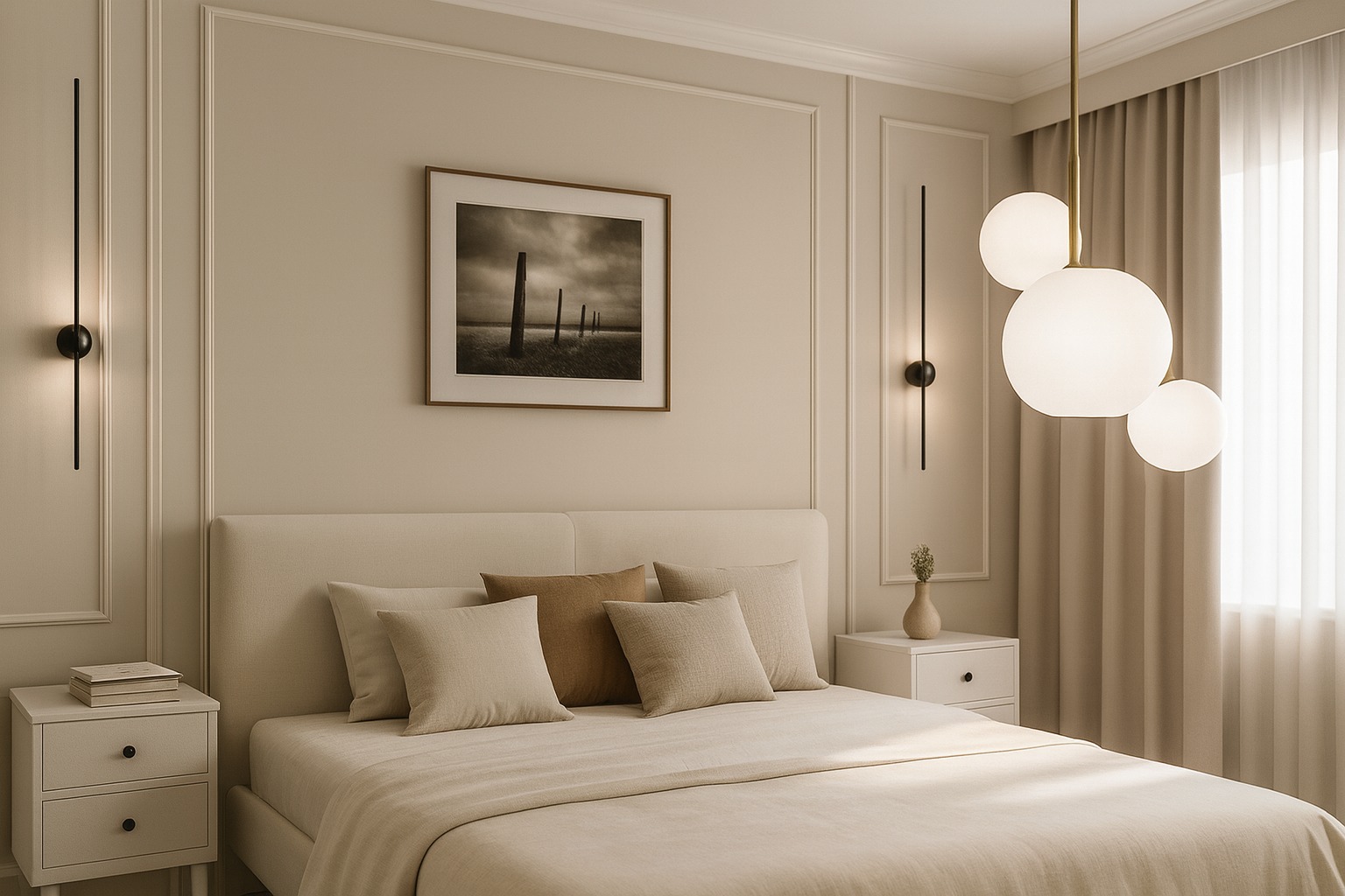Beżowa sypialnia z łóżkiem, lampami ściennymi i wiszącą lampą kulistą. Na ścianie obraz w ramie. Stonowana kolorystyka, minimalistyczny design.