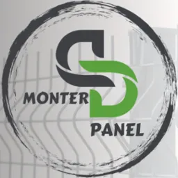 Logo firmy z częściowo zielonym i szarym symbolem graficznym, napisem MONTER PANEL i rozmytym tłem z fragmentem panelowego ogrodzenia.