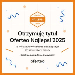 OCHRONA JUWENTUS - Pomarańczowo-biała grafika z odznaką 'Oferteo Najlepsi 2025' i tekstem 'Otrzymuję tytuł Oferteo Najlepsi 2025', podkreślająca wyróżnienie dla najlepszych wykonawców w branży.