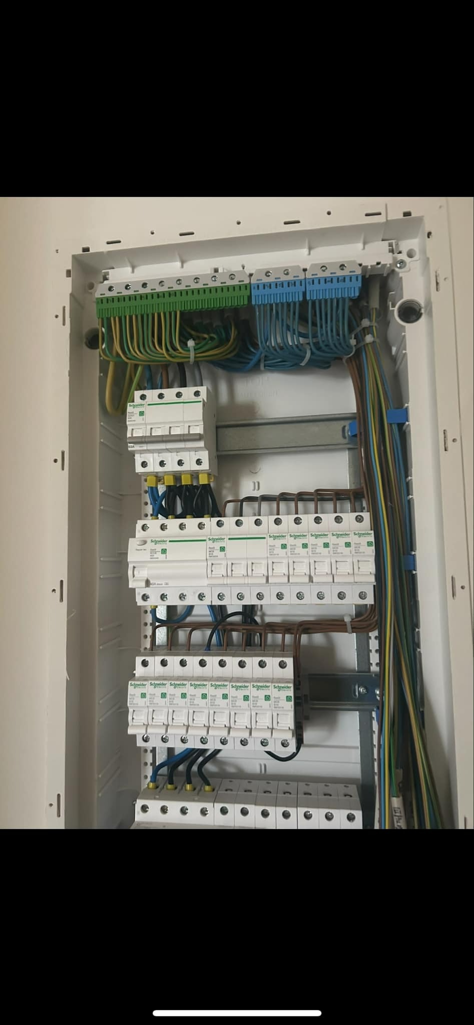 Rozdzielnica elektryczna z widocznymi bezpiecznikami, listwami zaciskowymi w kolorach zielonym i niebieskim oraz uporządkowanymi przewodami w różnych kolorach, zamontowana w białej obudowie.