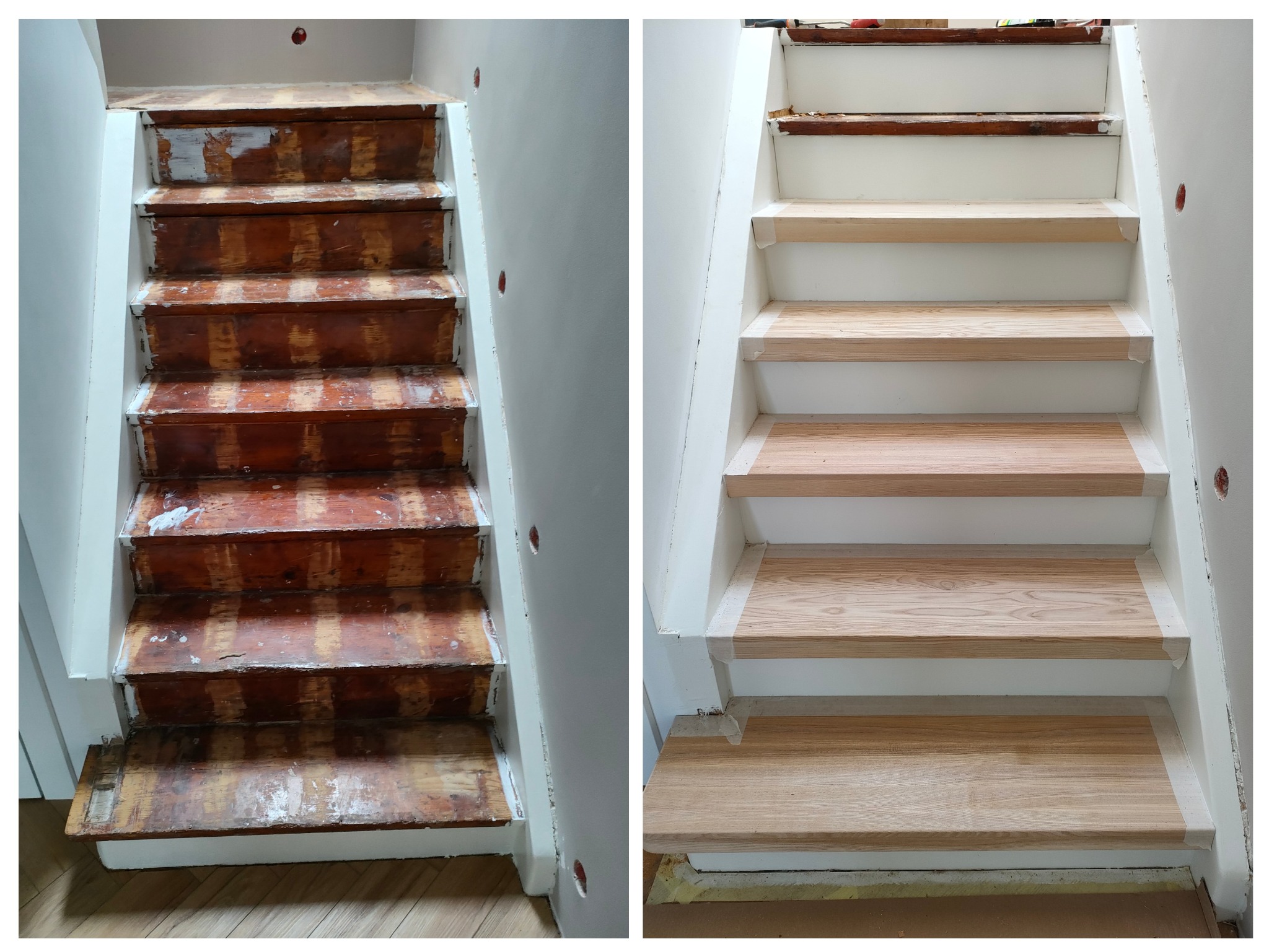 Remont schodów w dwóch ujęciach: stare, zniszczone stopnie i odnowione, jasne drewno. Widok z dołu, ukazujący detale wykończenia i kontrast przed/po.