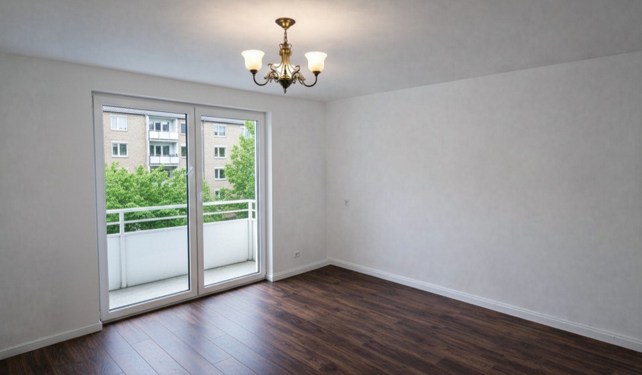 Jasne wnętrze po remoncie w Warszawie: ciemne panele podłogowe, białe ściany i sufit, okno balkonowe z widokiem na zieleń, ozdobny żyrandol.