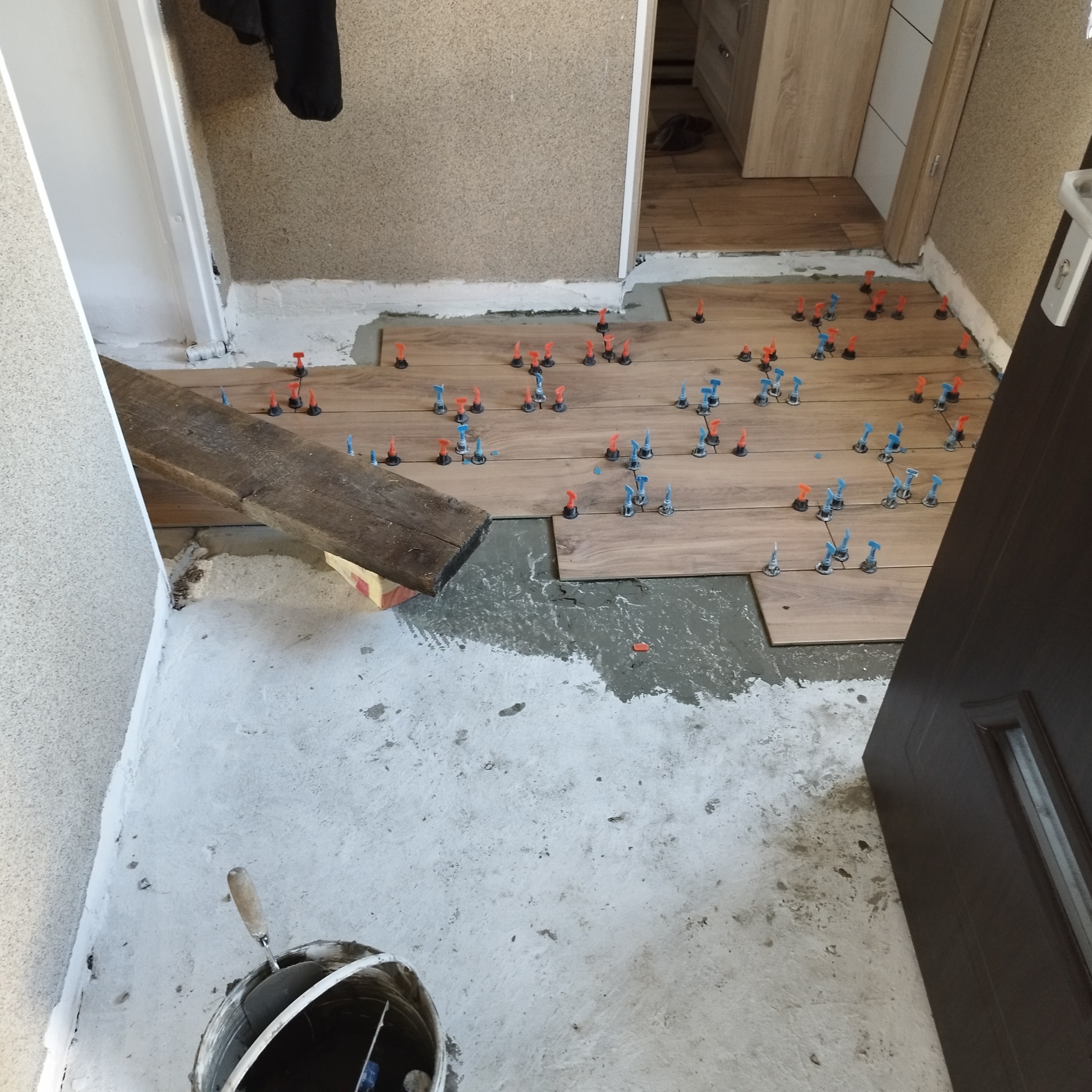 Układanie płytek podłogowych imitujących drewno z użyciem systemu poziomowania płytek, widoczna deska dociskowa i wiadro z zaprawą.