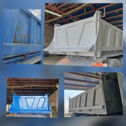 PHU Tomasz Kowalczyk - Cztery ujęcia skrzyni ładunkowej wywrotki: przed renowacją w kolorze niebieskim z widocznymi śladami rdzy i po renowacji w kolorze białym, z detalami zabezpieczonymi folią i taśmą.