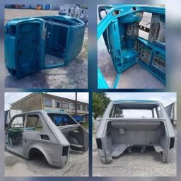 PHU Tomasz Kowalczyk - Cztery ujęcia karoserii samochodu przed i po obróbce, widoczne ślady korozji i przygotowanie do lakierowania.