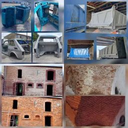 PHU Tomasz Kowalczyk - Kompozycja zdjęć przedstawiających elementy karoserii samochodowej i ciężarowej oraz fragmenty murów z cegły, ukazujące proces czyszczenia lub przygotowania powierzchni przed malowaniem,...