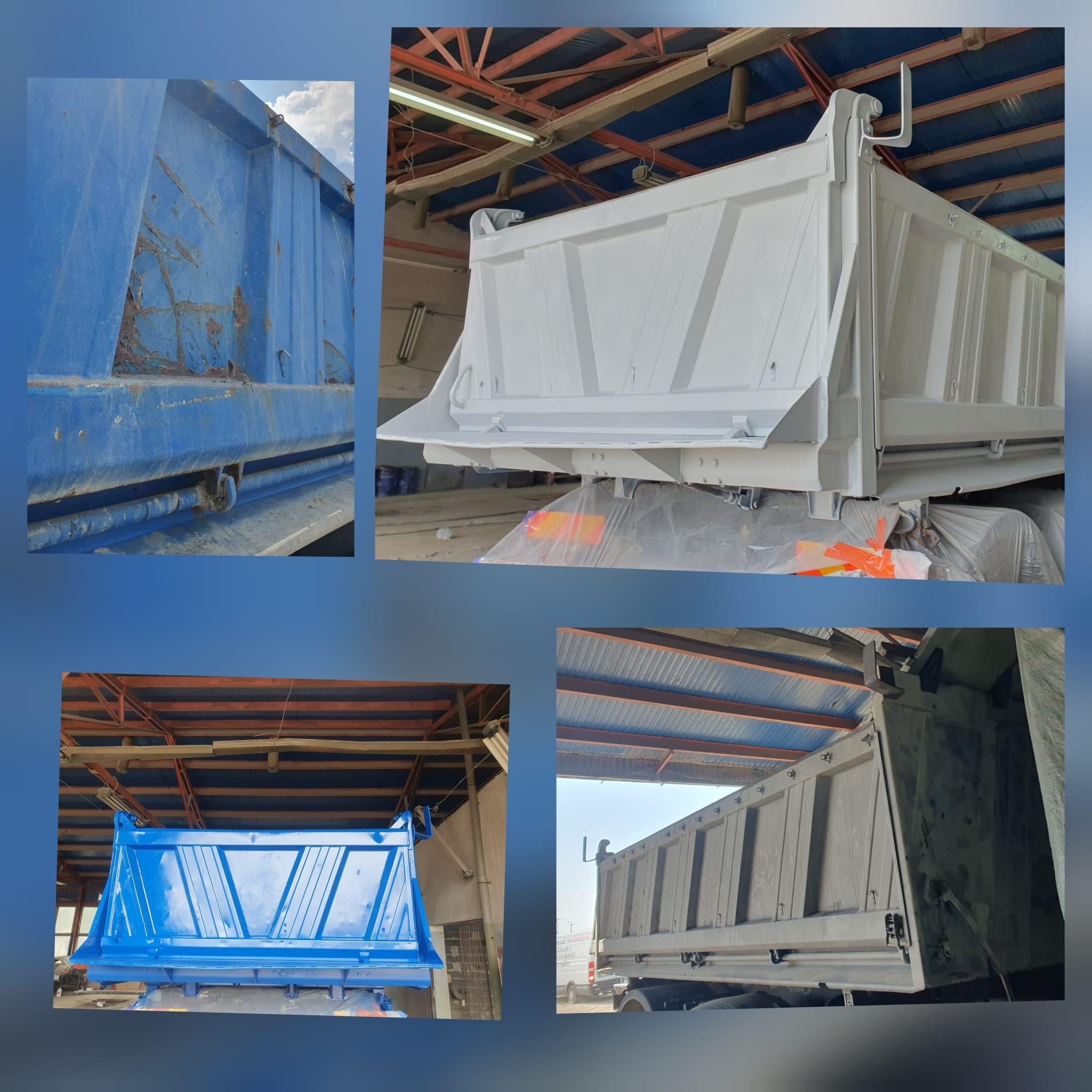 Cztery ujęcia skrzyni ładunkowej wywrotki: przed renowacją w kolorze niebieskim z widocznymi śladami rdzy i po renowacji w kolorze białym, z detalami zabezpieczonymi folią i taśmą.