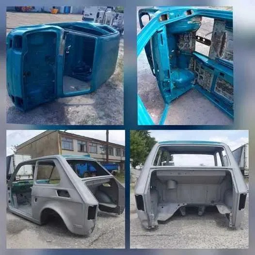 Cztery ujęcia karoserii samochodu przed i po obróbce, widoczne ślady korozji i przygotowanie do lakierowania.