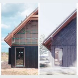 Kalvia Radosław Gazarkiewicz - Porównanie wizualizacji i realizacji domu: z lewej strona w trakcie budowy z widoczną konstrukcją szkieletową i izolacją, z prawej wizualizacja gotowego domu z drewnianą elewacją w skandynawskim...