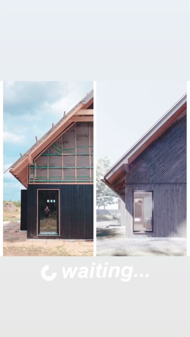 Porównanie wizualizacji i realizacji domu: z lewej strona w trakcie budowy z widoczną konstrukcją szkieletową i izolacją, z prawej wizualizacja gotowego domu z drewnianą elewacją w skandynawskim...