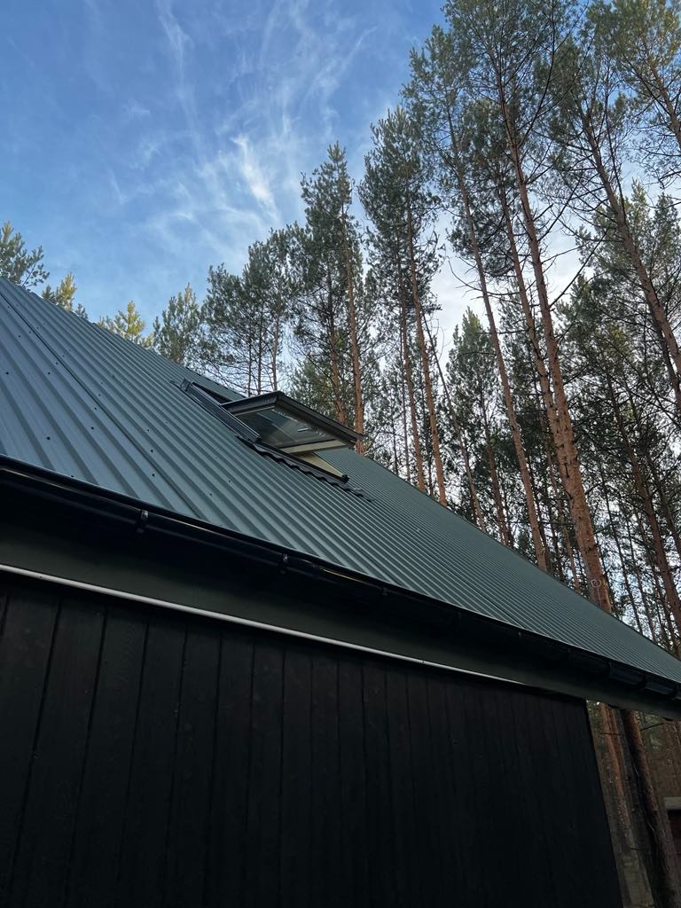 Ciemnozielony dom z dachem z blachy trapezowej i oknem dachowym, na tle lasu sosnowego i błękitnego nieba z rzadkimi chmurami.