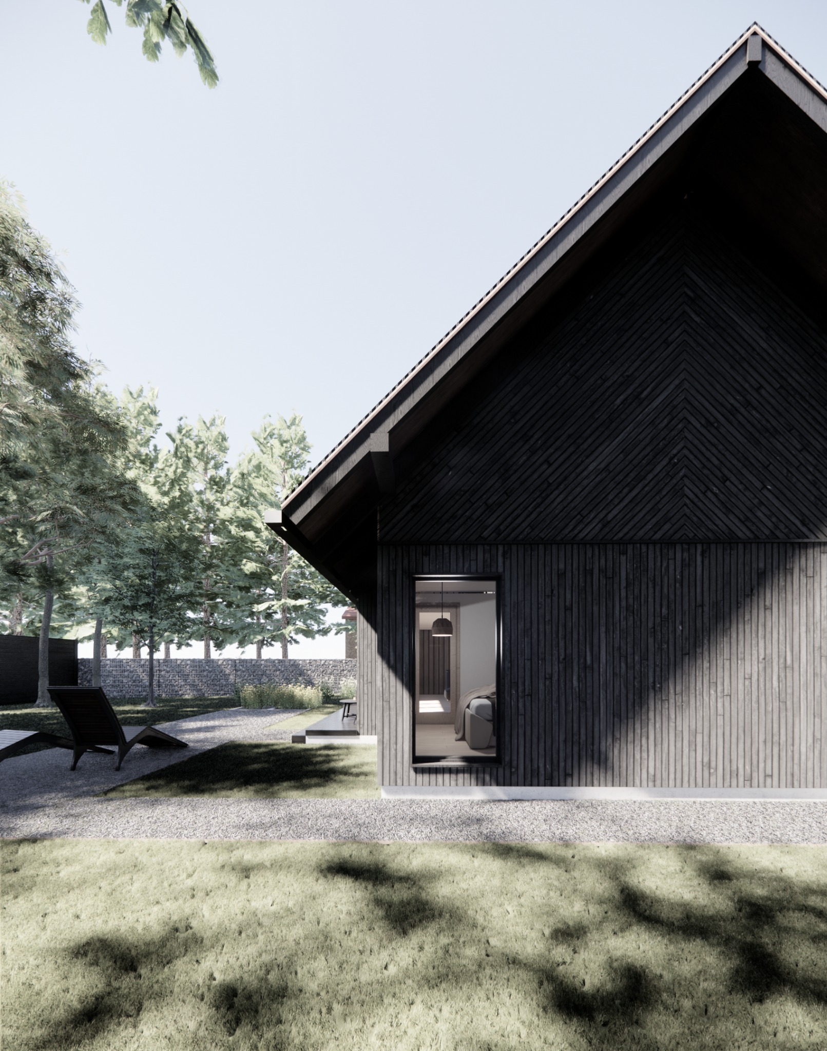 Wizualizacja domu szkieletowego z ciemnego drewna z widokiem na wnętrze przez okno, otoczona zielenią.