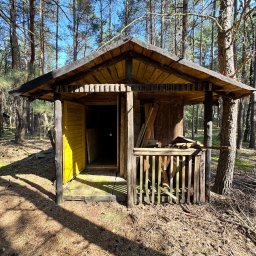 W001 SPÓŁKA Z OGRANICZONĄ ODPOWIEDZIALNOŚCIĄ - Drewniana altanka w lesie z żółtymi drzwiami, widoczne deski i drewno składowane wewnątrz.