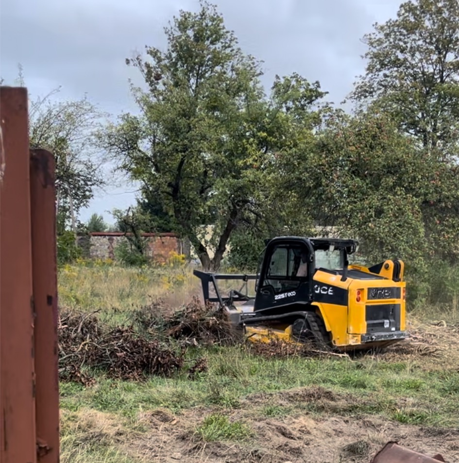 Żółto-czarna frezarka do pni JCB 225T Eco w trakcie pracy na zarośniętym terenie, widoczne pozostałości po frezowaniu, w tle drzewa i ceglany mur