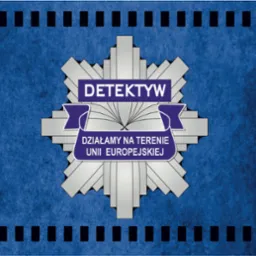Logo detektywa: srebrna gwiazda z napisem 'Detektyw' i 'Działamy na terenie Unii Europejskiej' na niebieskim teksturowanym tle.