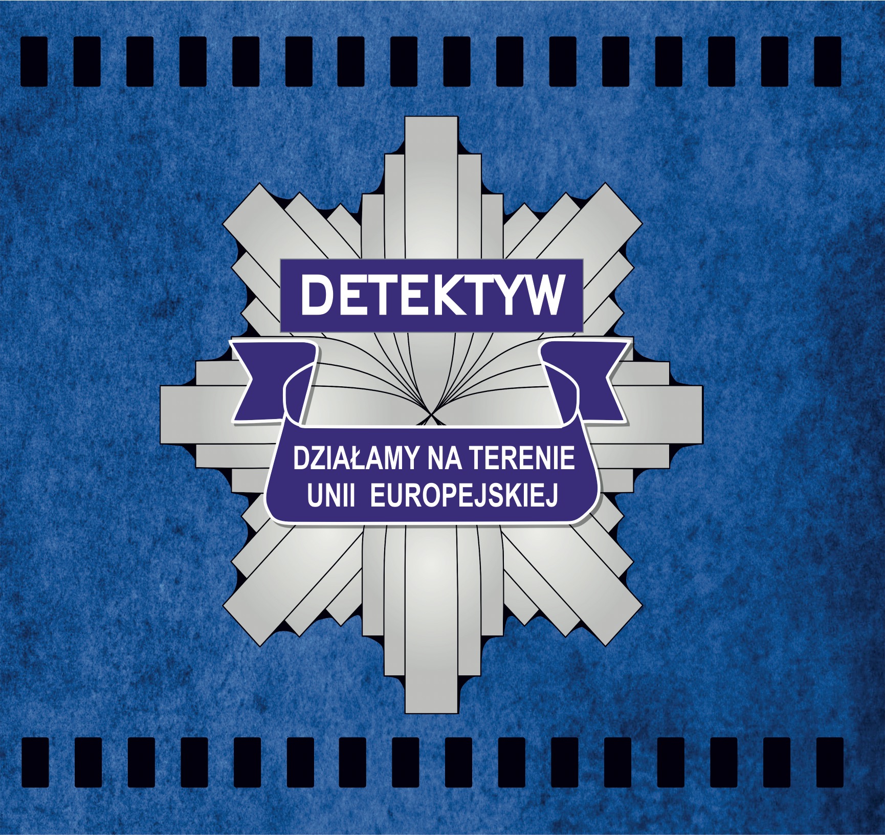 Logo detektywa: srebrna gwiazda z napisem 'Detektyw' i 'Działamy na terenie Unii Europejskiej' na niebieskim teksturowanym tle.