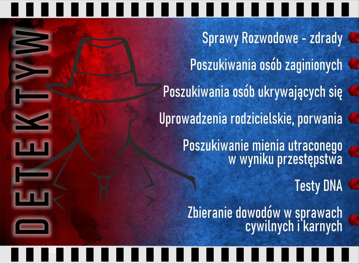 Grafika reklamowa usług detektywistycznych z sylwetką detektywa w kapeluszu i listą oferowanych usług, takich jak sprawy rozwodowe, poszukiwanie osób i zbieranie dowodów.