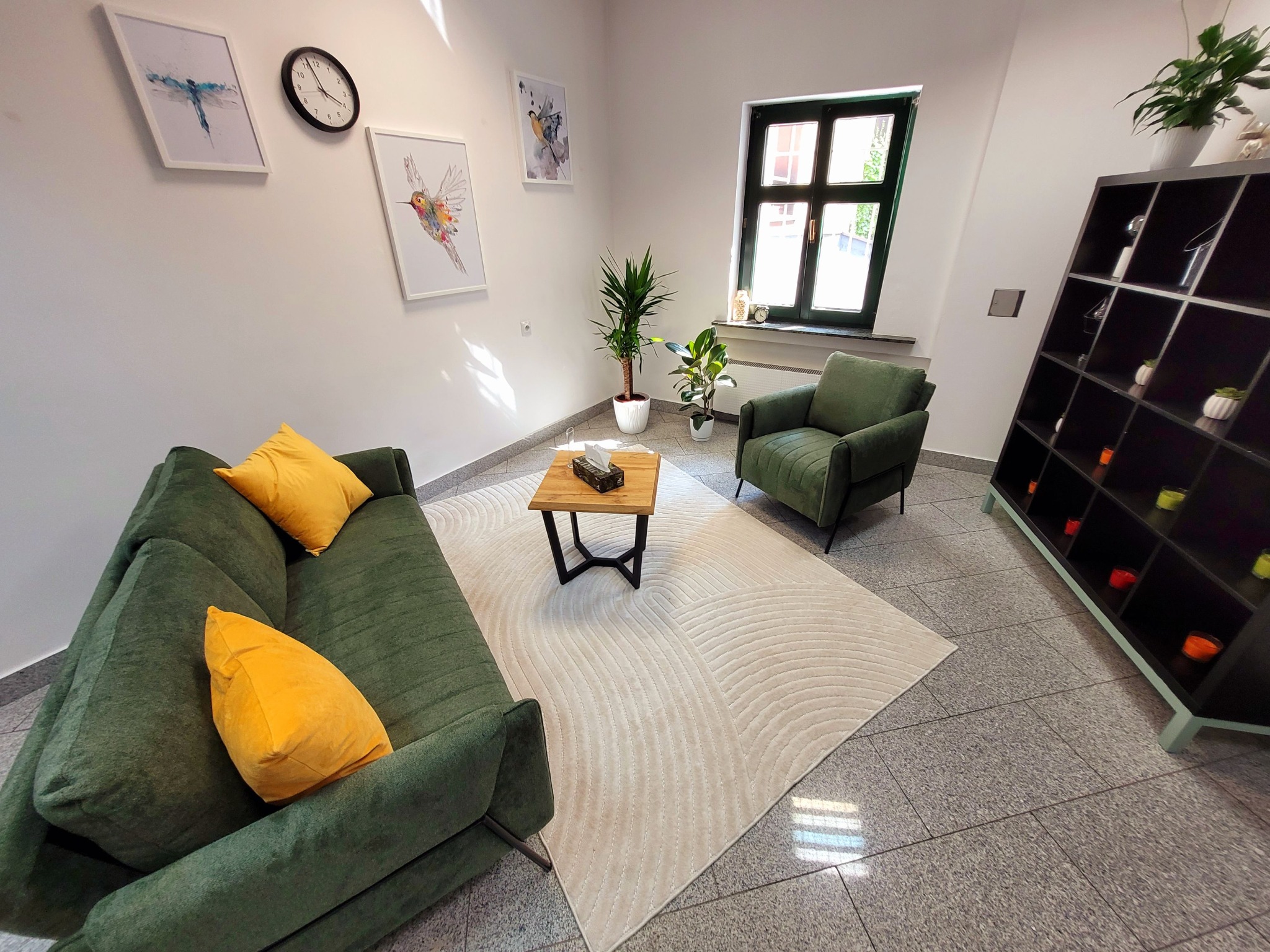 Jasne, przestronne wnętrze gabinetu z zieloną sofą, żółtymi poduszkami, zielonym fotelem i drewnianym stolikiem kawowym na wzorzystym dywanie; na ścianach wiszą obrazy i zegar, a w oknie stoją...