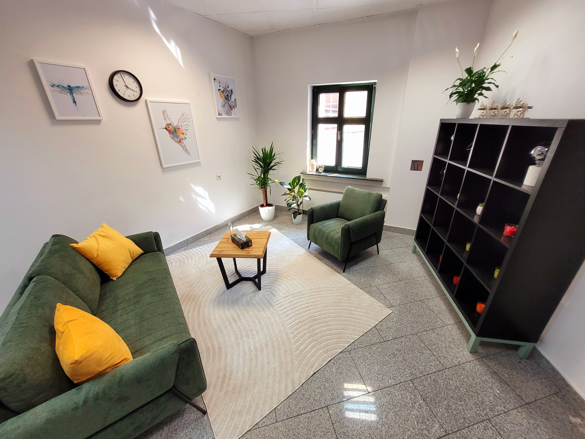 Jasny gabinet terapeutyczny z zieloną sofą i fotelami, ozdobiony obrazami ptaków, zegarem i roślinami doniczkowymi, tworzący spokojną atmosferę.
