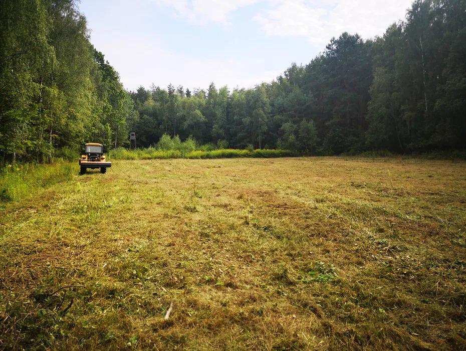 Żółty traktor na skraju lasu, po koszeniu rozległej łąki, z widoczną amboną myśliwską w tle.