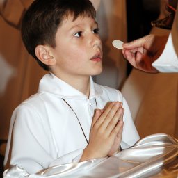 STUDIO ART.FRANKO SPÓŁKA Z OGRANICZONĄ ODPOWIEDZIALNOŚCIĄ - Chłopiec w białej albie, z zapiętym zamkiem, z rękami złożonymi do modlitwy, przyjmuje komunię świętą od księdza podczas uroczystości religijnej.