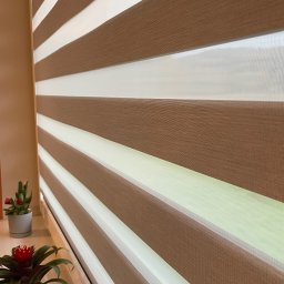 FHU ROL-WIŚ Rolety Wiśniowski - Dwukolorowe poziome pasy na oknie, brązowe i białe, z roślinami doniczkowymi na parapecie, widoczne z bliska.