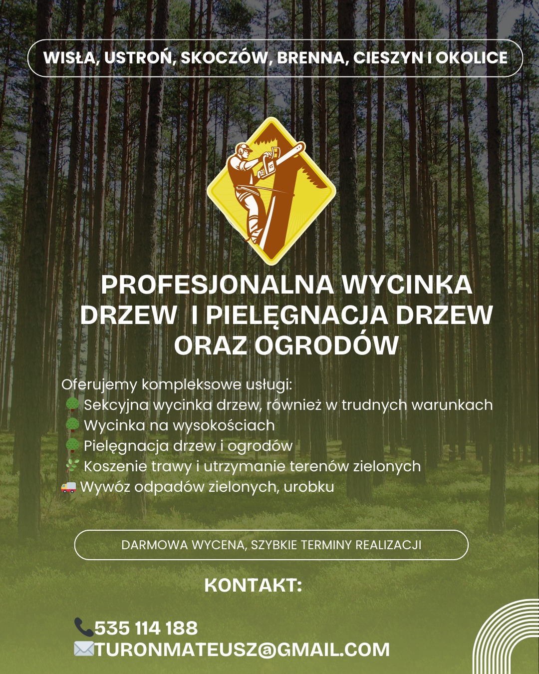 Grafika reklamowa: Profesjonalna wycinka i pielęgnacja drzew oraz ogrodów. Sylwetka drwala z piłą łańcuchową na tle lasu. Kontakt: numer telefonu, adres e-mail.