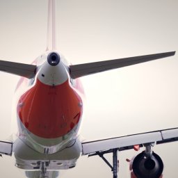 NotForSquares Arkadiusz Krzysztof - Zbliżenie na ogon i silniki startującego samolotu pasażerskiego w barwach czerwono-białych, widok z dołu.