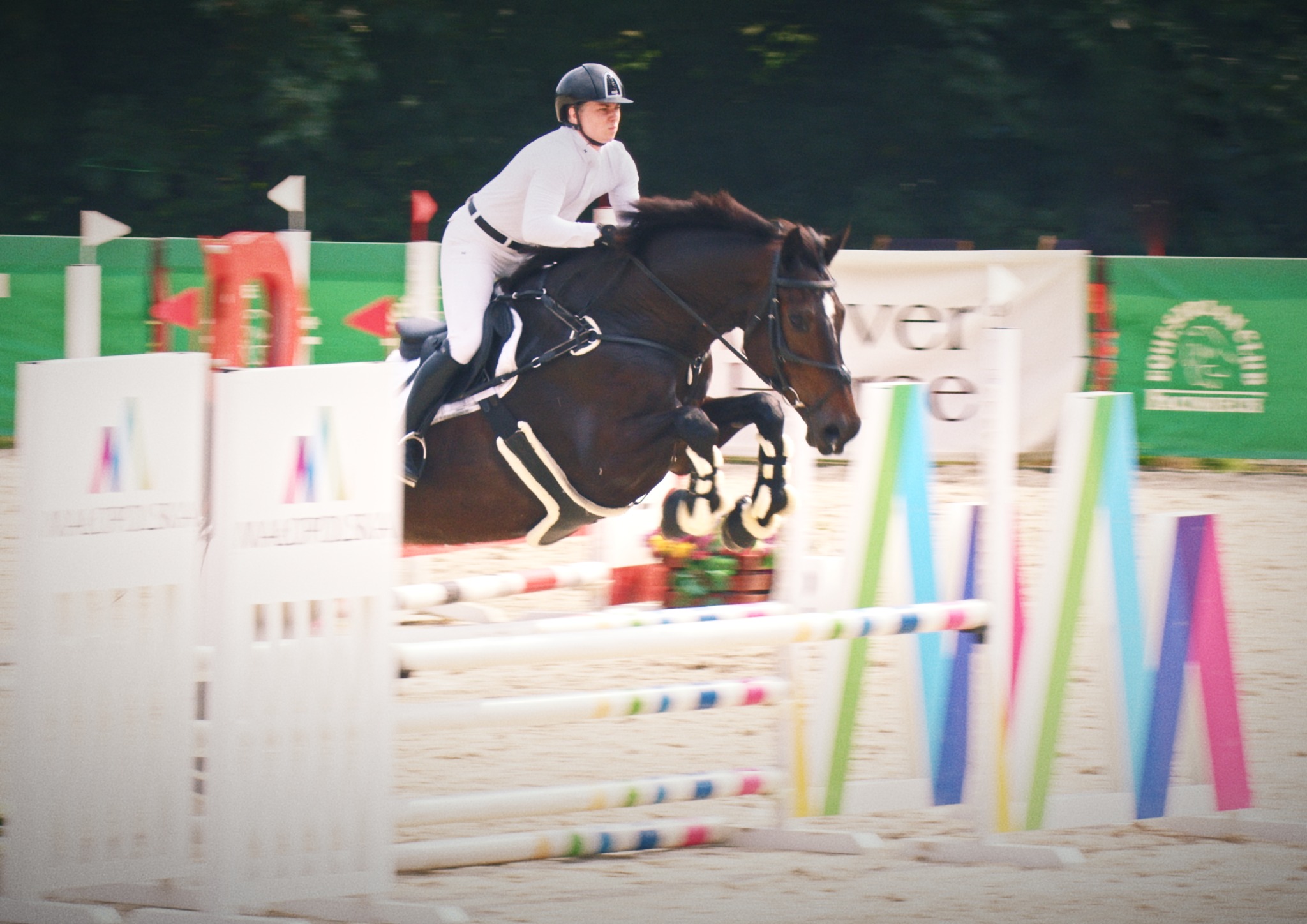 Jeździec w białym stroju i kasku skacze na brązowym koniu przez przeszkodę podczas zawodów jeździeckich na piaszczystym podłożu.