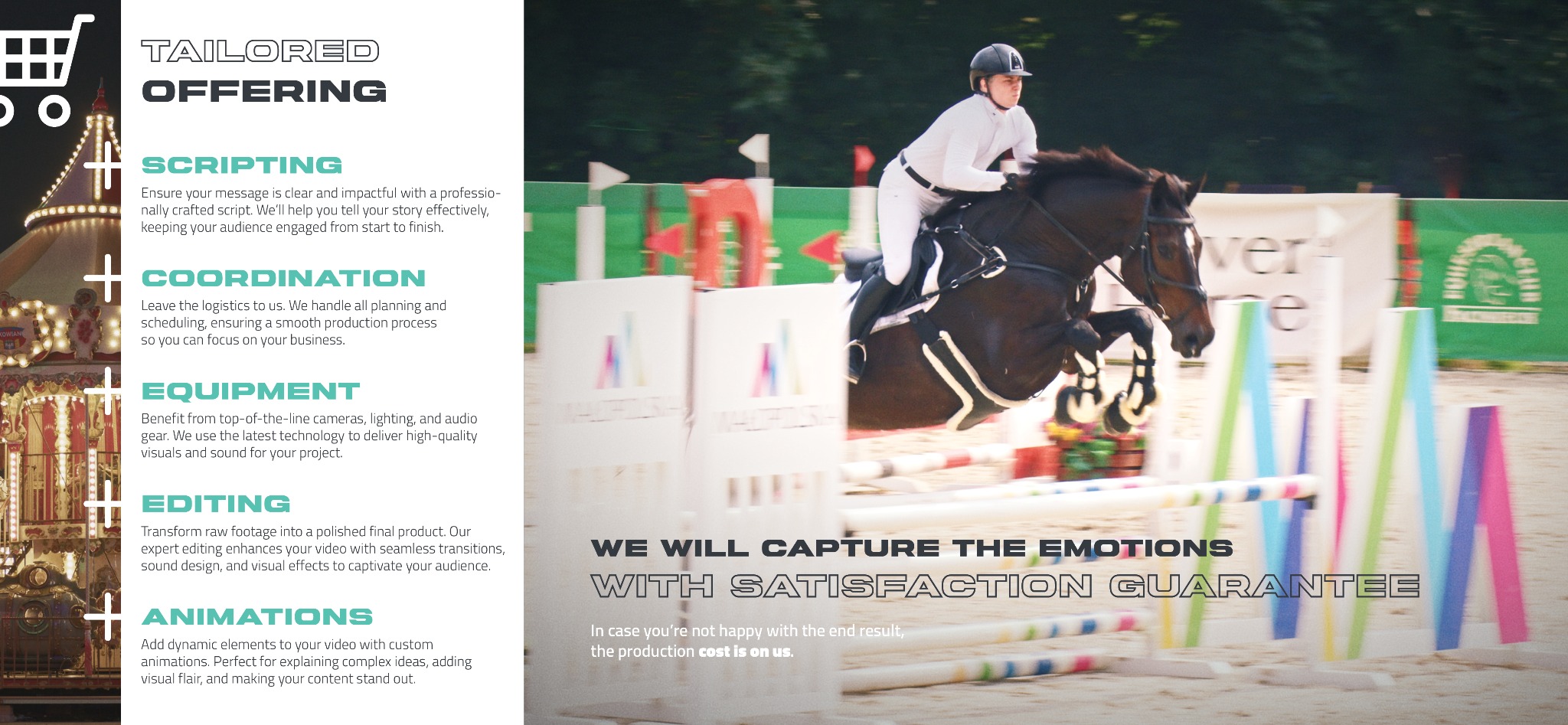 Jeździec w białym stroju i kasku na brązowym koniu skaczący przez przeszkodę na zawodach, uchwycony w dynamicznym ujęciu z boku.