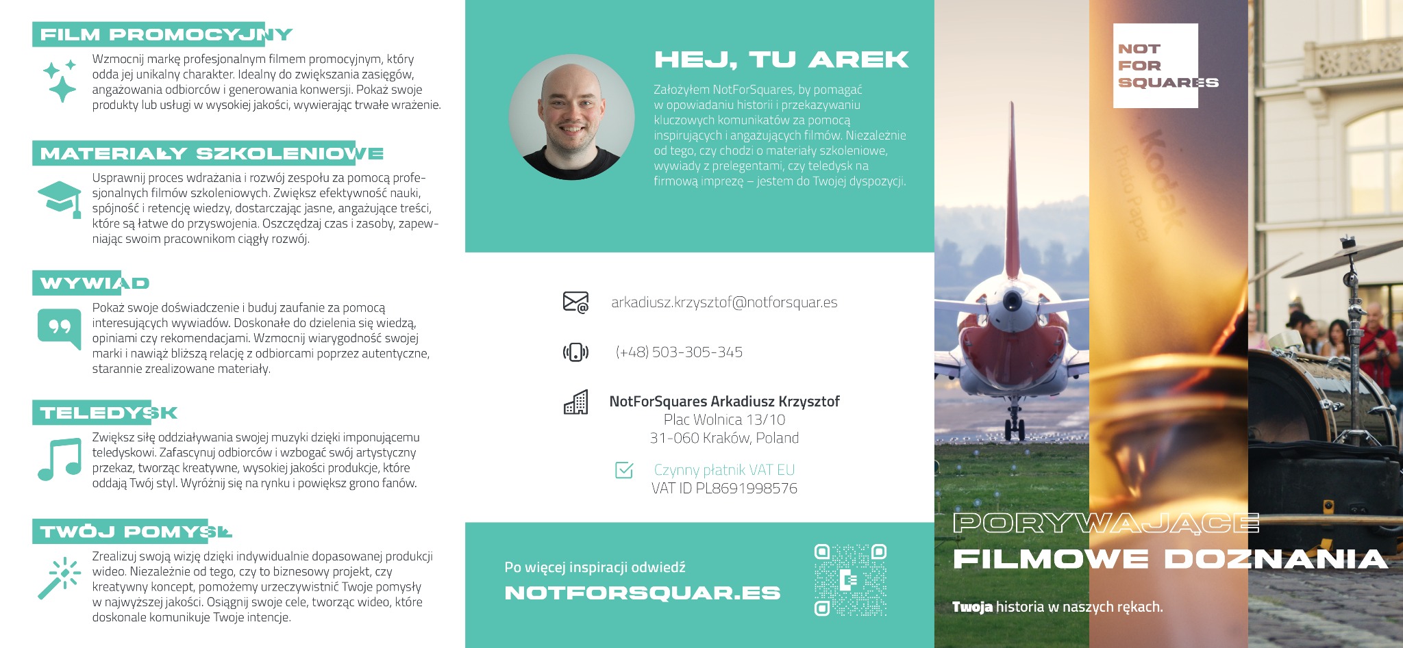 Grafika reklamowa firmy NotForSquares oferującej produkcję filmów, z kolażem: zbliżenie na startujący samolot, opakowanie papieru fotograficznego Kodak i zestaw perkusyjny.