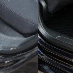 CarDetailers - Porównanie: próg samochodu przed i po czyszczeniu, widoczne wyraźne różnice w czystości i wyglądzie.