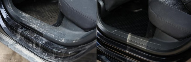 Porównanie: próg samochodu przed i po czyszczeniu, widoczne wyraźne różnice w czystości i wyglądzie.