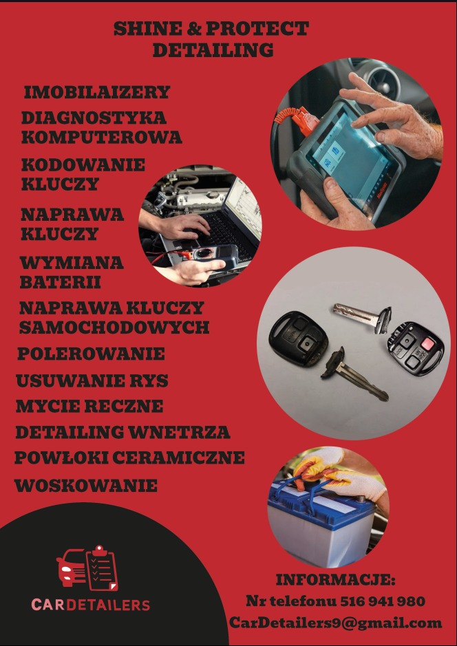 Grafika reklamowa warsztatu samochodowego: Diagnostyka komputerowa silnika, kodowanie kluczyków, wymiana akumulatora, polerowanie, usuwanie rys, mycie ręczne, detailing wnętrza, powłoki ceramiczne,...