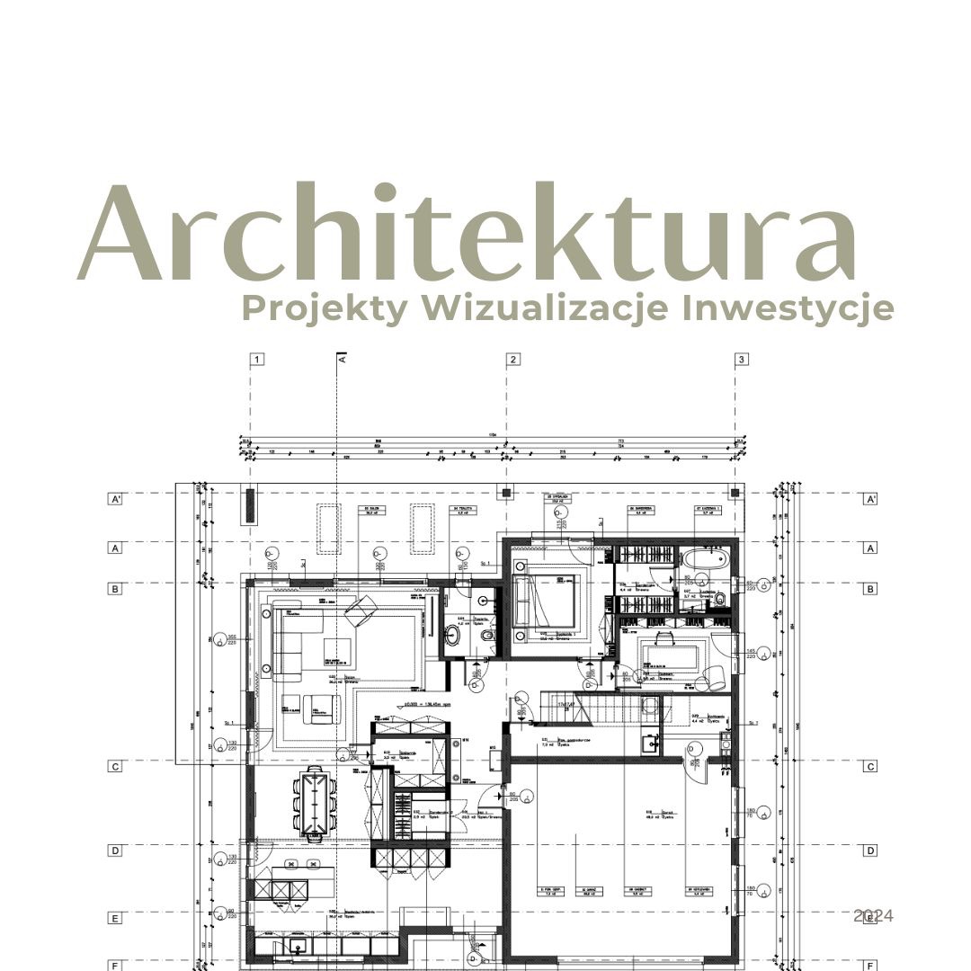 Plan architektoniczny domu z widocznym układem pomieszczeń, mebli i oznaczeniami technicznymi, opatrzony nagłówkiem 'Architektura: Projekty Wizualizacje Inwestycje' w górnej części.