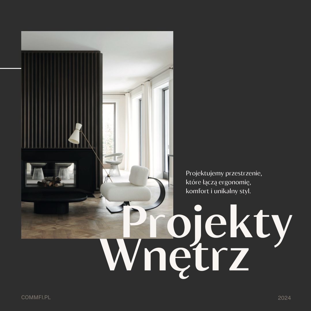 Elegancki salon z kominkiem i designerskim fotelem, drewniana ażurowa ściana, jasne zasłony, podłoga w jodełkę, minimalistyczny styl, lampa podłogowa z białym kloszem.