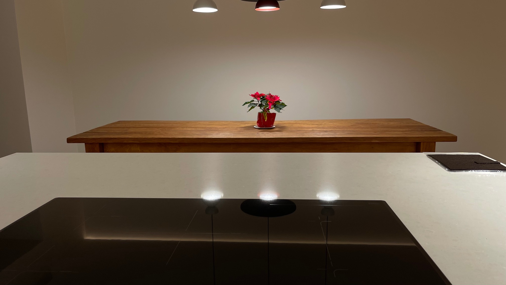 Widok na drewniany stół z czerwoną gwiazdą betlejemską w doniczce, widziany zza białego blatu kuchennego z czarną płytą indukcyjną; oświetlenie sufitowe tworzy refleksy na blacie.