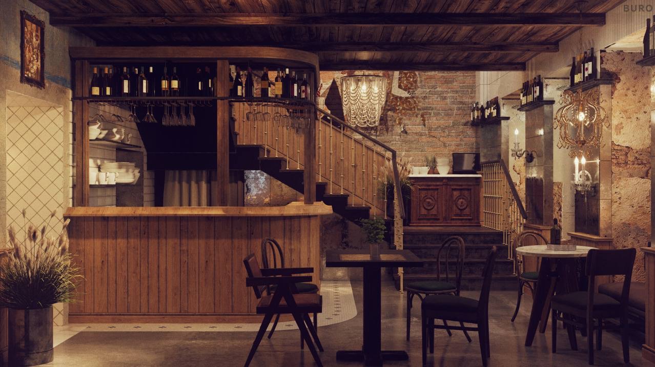 Wnętrze restauracji w stylu rustykalnym: drewniany bar z butelkami alkoholu i szklankami, schody z drewnianą balustradą, ceglana ściana z dekoracyjnym żyrandolem, stoliki z krzesłami.