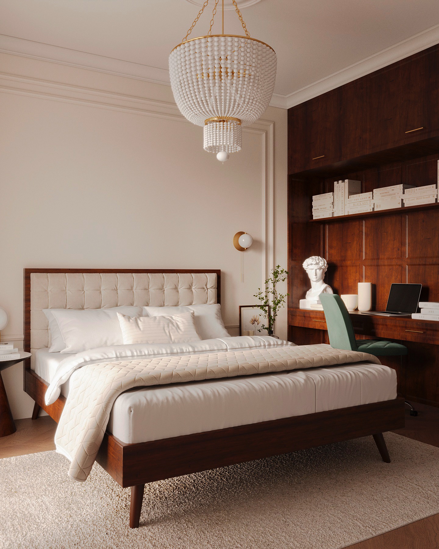 Elegancka sypialnia z miejscem do pracy: łóżko z pikowanym zagłówkiem, biurko z ciemnego drewna, biały popiersie, designerska lampa sufitowa z koralików.