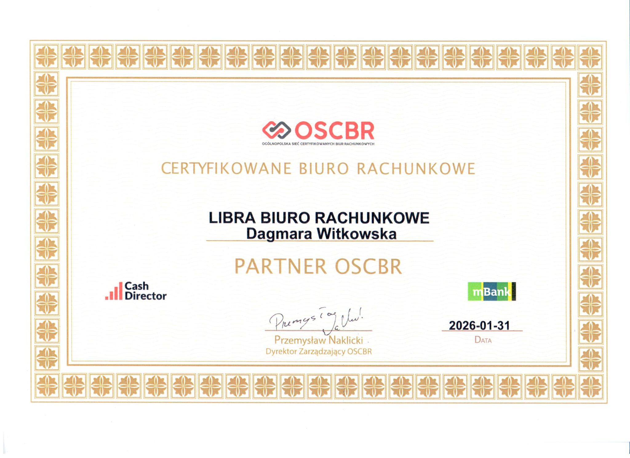 Certyfikat 'Libra Biuro Rachunkowe' jako partnera OSCBR, z datą ważności 2026-01-31, podpisany przez Dyrektora Zarządzającego OSCBR, Przemysława Naklickiego.