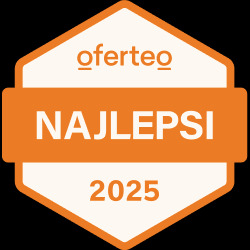 Pomarańczowo-biała odznaka Oferteo 'Najlepsi 2025' na czarnym tle. Grafika z logo Oferteo w górnej części i rokiem w dolnej, w kształcie sześcioboku.