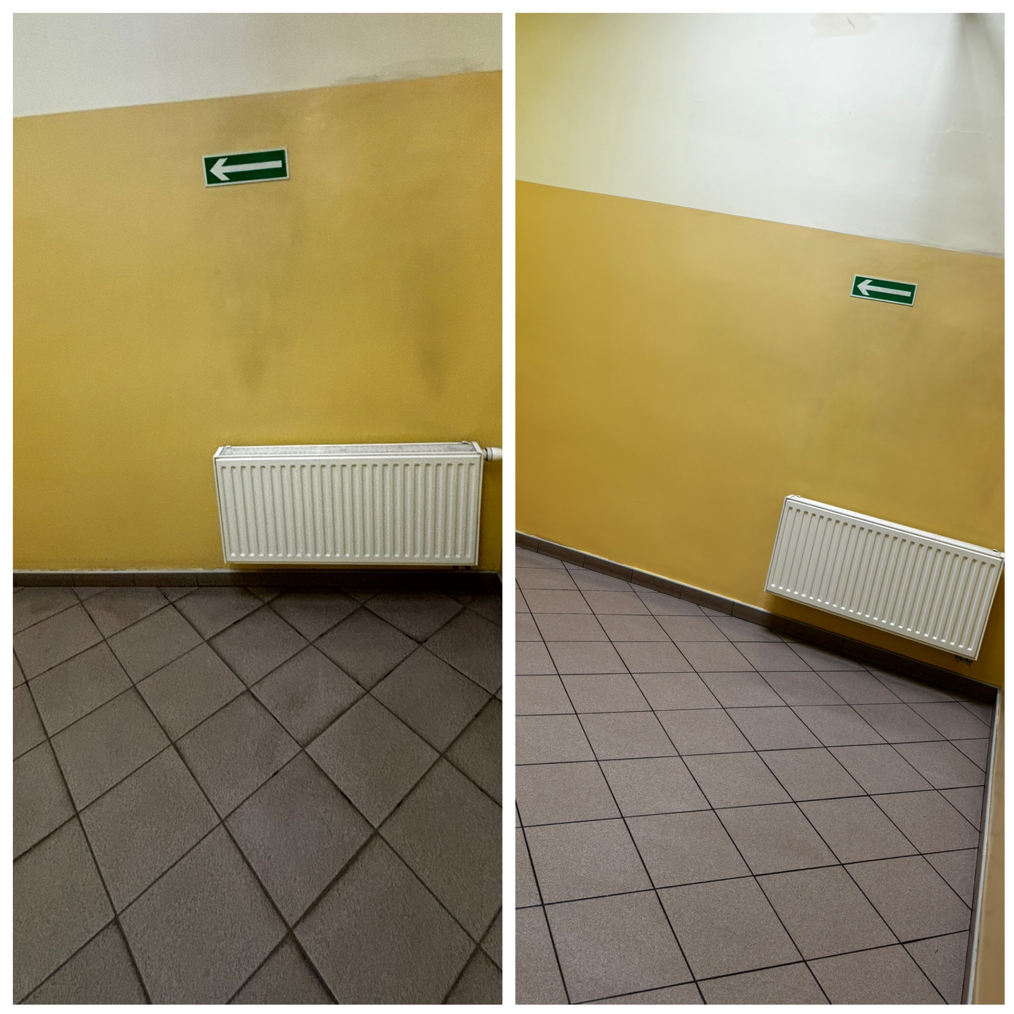 Korytarz z żółtą ścianą, grzejnikiem i brązowymi płytkami na podłodze, widoczny znak ewakuacyjny z zieloną strzałką w lewo, zdjęcie przedzielone pionową linią, ukazując różnice w oświetleniu.