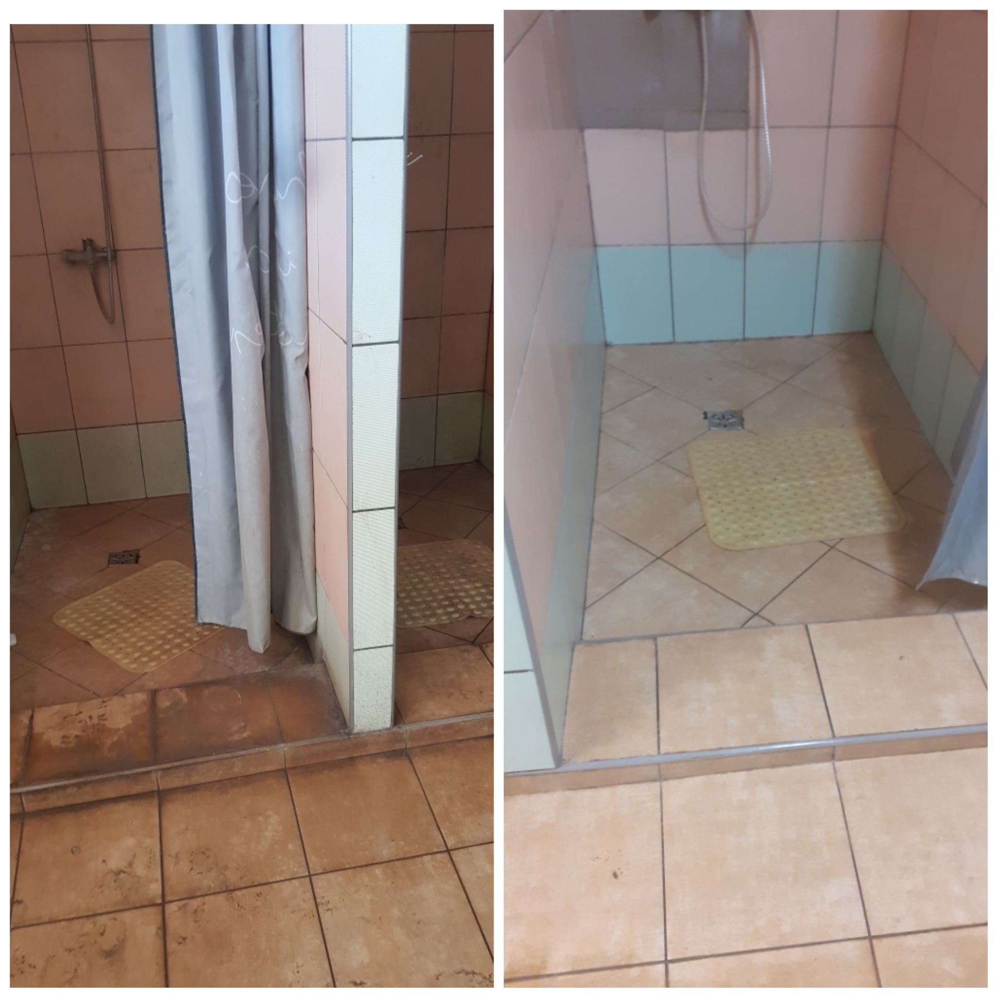 Porównanie stanu kabiny prysznicowej przed i po czyszczeniu. Po lewej stronie widoczne zabrudzenia na fugach i płytkach podłogowych, po prawej czysta podłoga z gumową wycieraczką.