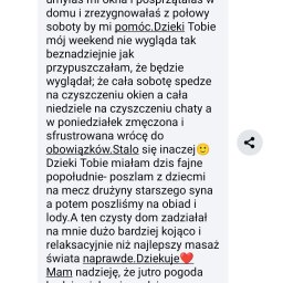 SANRE ALLA SEMENIUK - Zrzut ekranu wiadomości z podziękowaniem za posprzątanie domu i umycie okien, podkreślający zadowolenie klienta z wykonanej usługi.