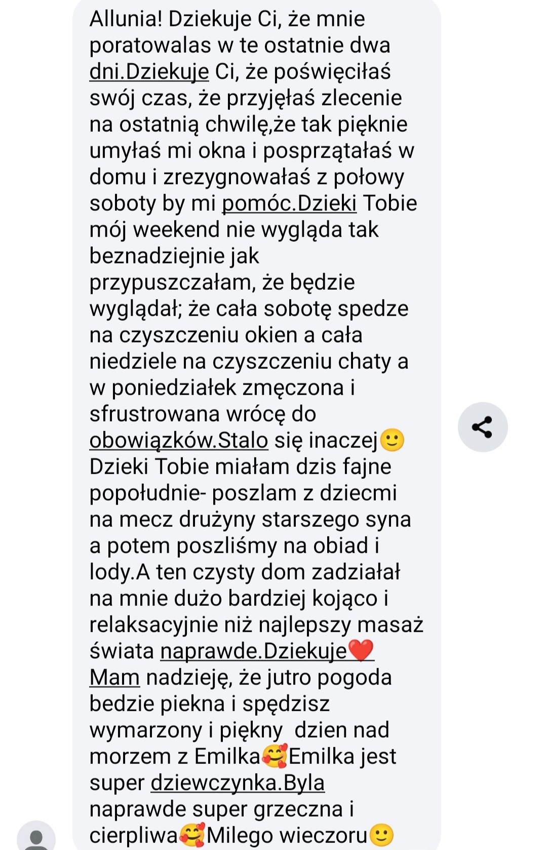 Zrzut ekranu wiadomości z podziękowaniem za posprzątanie domu i umycie okien, podkreślający zadowolenie klienta z wykonanej usługi.