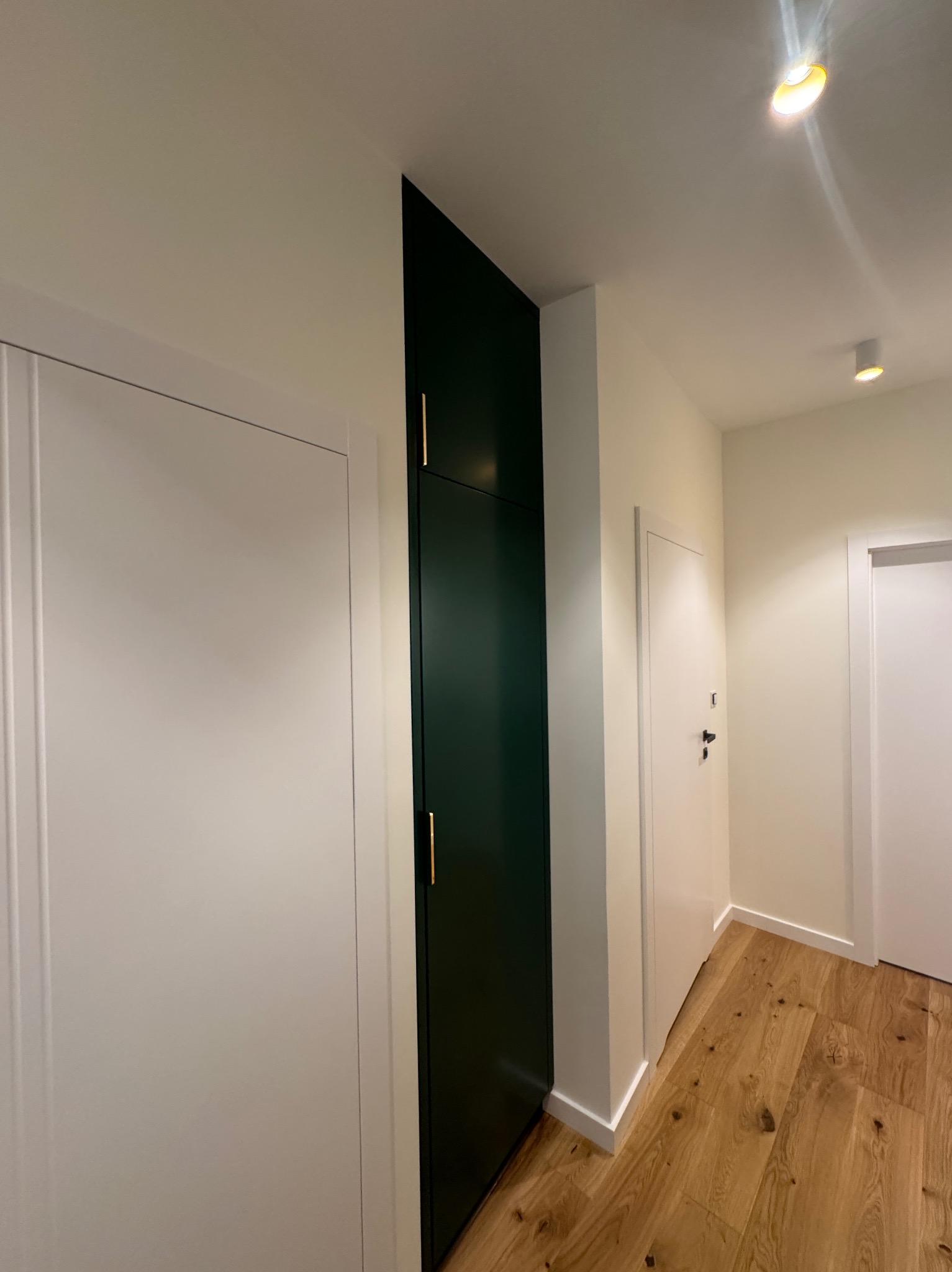 Nowoczesny korytarz z drewnianą podłogą, białymi drzwiami i wysoką, ciemnozieloną szafą wnękową z złotymi uchwytami, oświetlony punktowymi lampami.