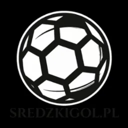 Czarno-białe logo przedstawiające piłkę nożną z adresem strony internetowej sredzkigol.pl u dołu.